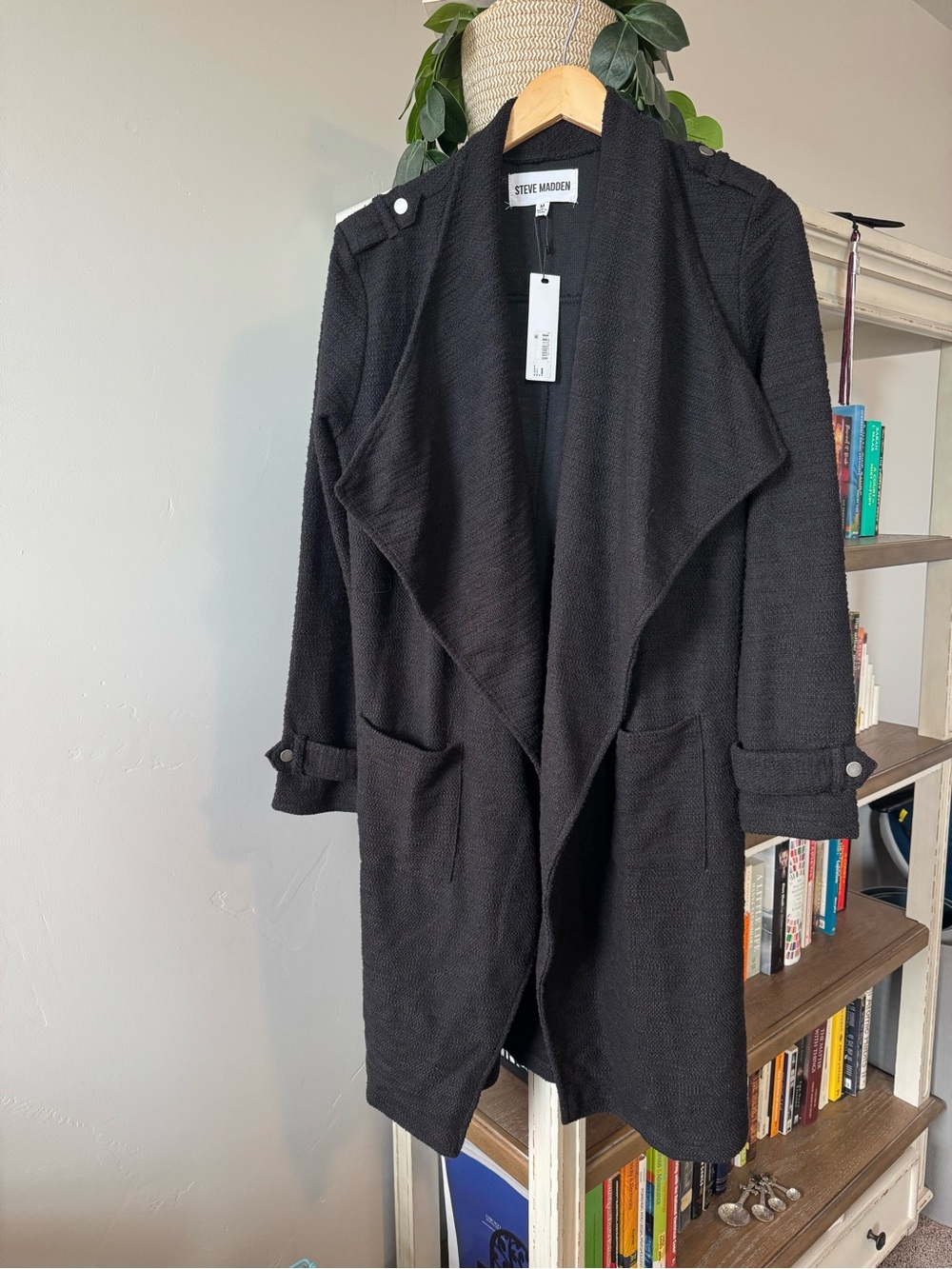 NWT Steve Madden Black Waterfall Drape Front Duster Jacket M
